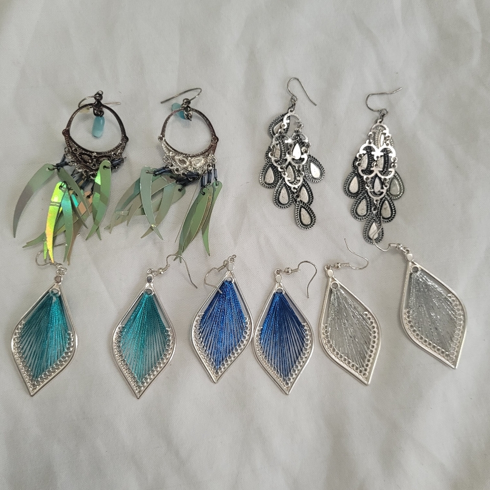Lot of 5 Y2K Peacock Blue Turquoise Silver Toned Dangle Earrings Bundle - Picture 4 of 7